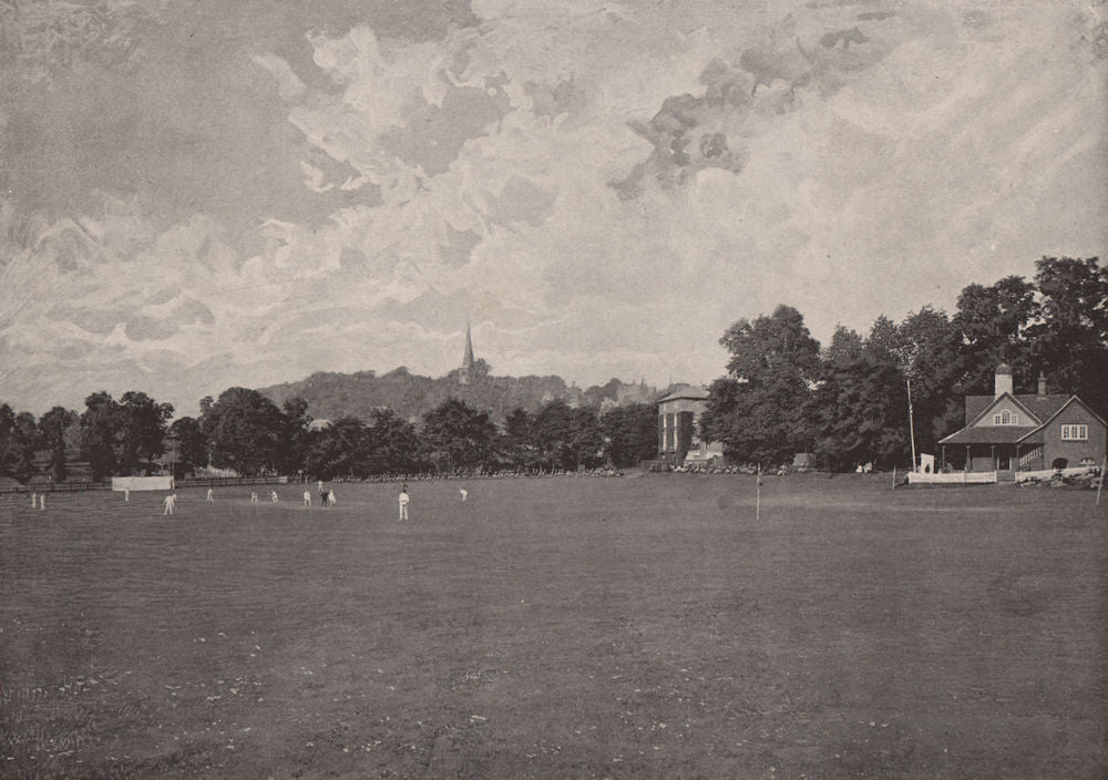 Harrow, from the school Cricket-Ground. London. Education 1896 old print